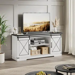 OP-Garvee Farmhouse Modern TV Stand for TVs Up to 65", Rustic Entertainment Center with Sliding Barn Doors, Storage Cabinets & Adjustable Shelf, Space saving for living room ,Media Console for Living Room, Bedroom