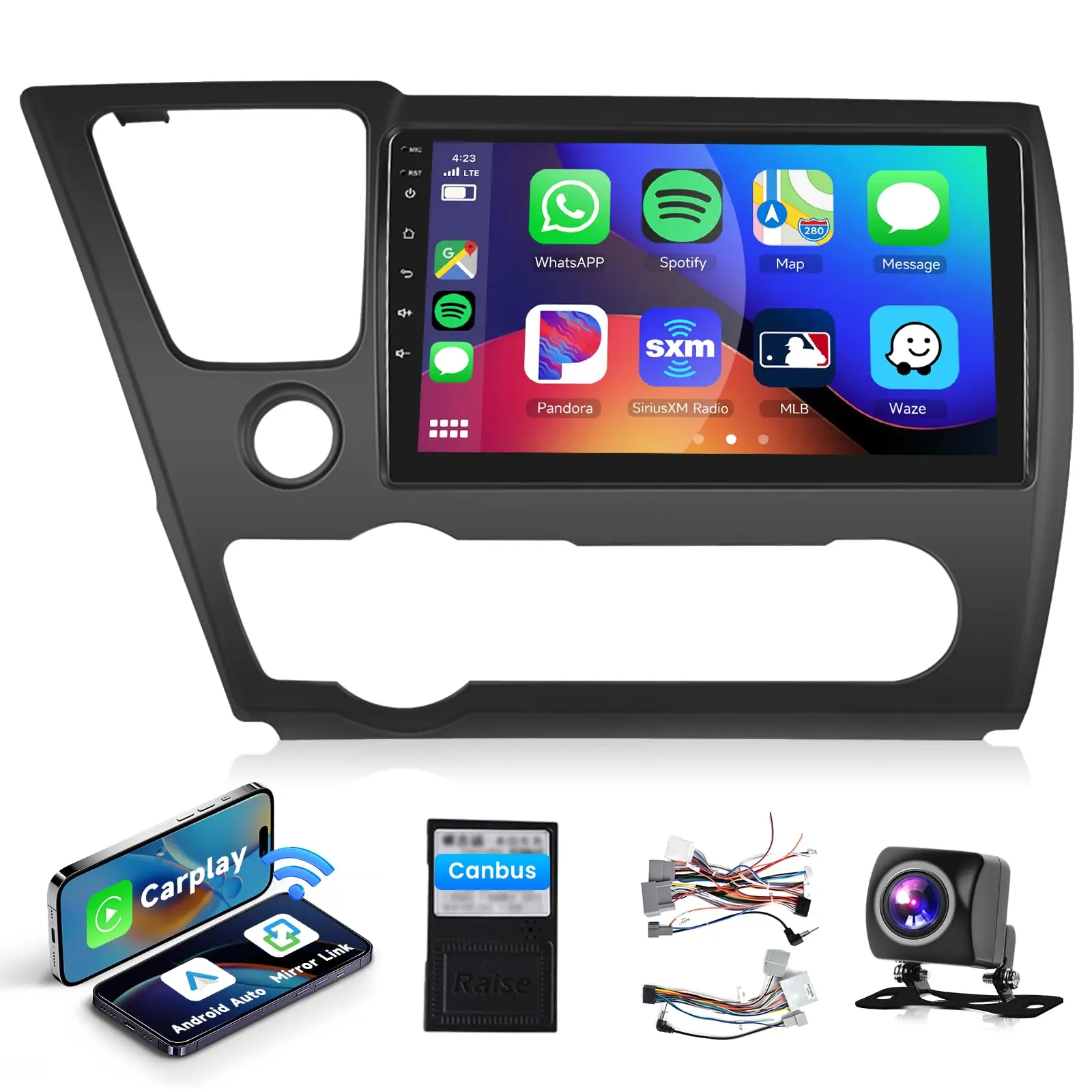 9" Android 15 Car Media Player for Honda Civic 2013-2017, 2G+64G, Wireless CarPlay, Android Auto, Bluetooth Mirror Link, GPS Navigation, FM/RDS, WiFi, SWC, Backup Camera, Father's Day Gift Option
