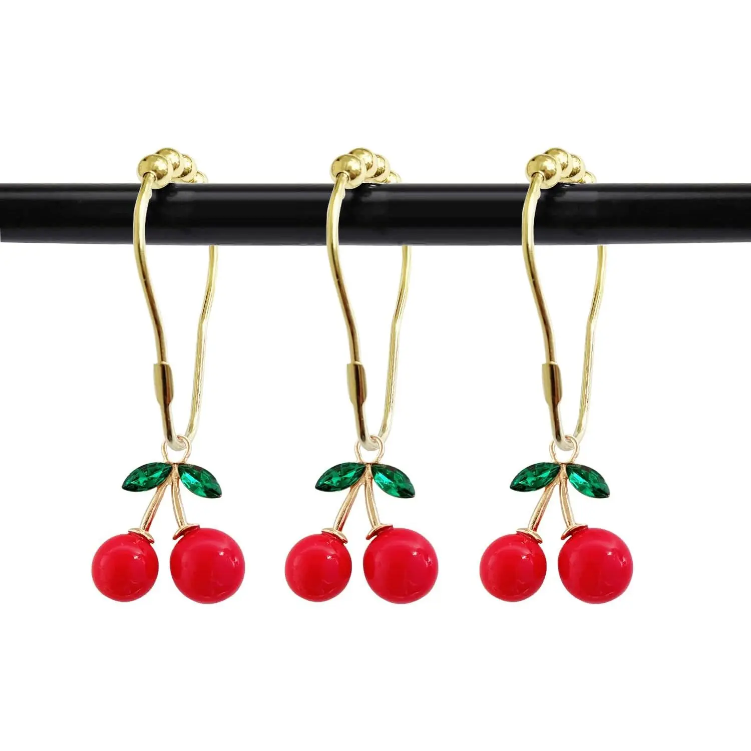 Set of 12 Cherries Shower Curtain Hooks Rings, Red Cherry Pendant Decoration, Fruit Style for  Bathroom, Stainless Steel Hooks Rustproof (Red-Cherry)