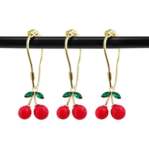 Set of 12 Cherries Shower Curtain Hooks Rings, Red Cherry Pendant Decoration, Fruit Style for  Bathroom, Stainless Steel Hooks Rustproof (Red-Cherry)