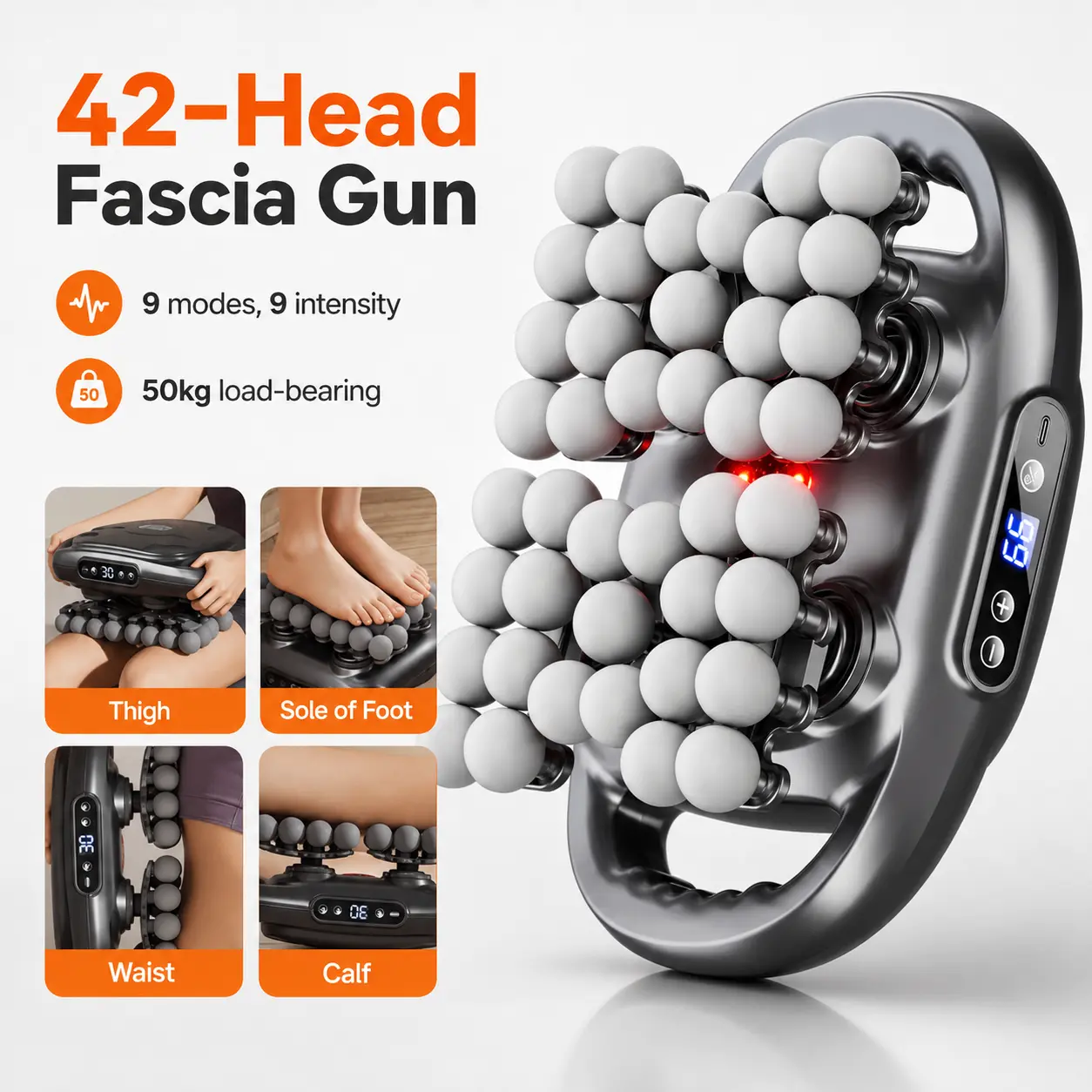 42-Head Electric Roller Massager, Deep Tissue Handheld Muscle Massager with 3 Modes & 30 Intensity Levels, USB-C Rechargeable Full Body Massager for Back, Waist, Legs, Feet and Shoulders,Fascia Gun