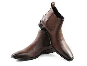 Men's Real Leather Brown Chelsea Boots Ankle High Pull On Round Toe Slip Resistant Block Heel AZARMAN