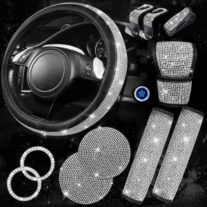 CAR PASS 11 PCS Bling Diamond Car Accessories for Women, Sparkly Rhinestone Steering Wheel Cover, Bling Seat Belt Cushion, Glitter Shift Knob Cover, Car Cup Holder Coaster, Cute Interior Sets Silver