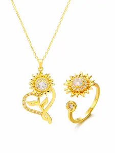 Spinning Unique Sunflower Heart Jewelry Set for Women, Crystal Necklace and Adjustable Ring, Gold Gift