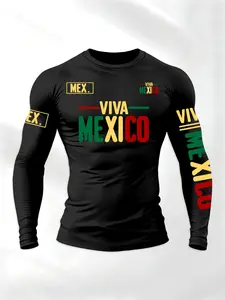 Men's Sporty Long Sleeve T-Shirt, Athletic Tops, Activewear Tees, Spring & Fall Fashion Round Neck, Mexican Eagle Snake Athletic Letter Print Letter Pattern, Comfortable Streetwear, Athletic Style Shirt