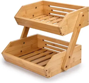Large 2-Tier Bamboo Fruit Basket, Kitchen Counter Storage Stand for Fruits and Vegetables, 15 mm Thickness, Self-Assembly
