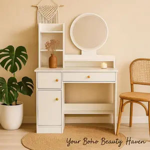 Modern White Vanity Table with LED Round Mirror Makeup Desk with Drawers and Shelves Dressing Table for Bedroom Minimalist Aesthetic Storage Bedroom Furniture