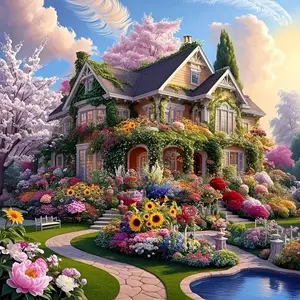 Villa Theme Pattern DIY Diamond Arts Colorful Painting Kit without Frame, DIY 5D Diamond Arts Colorful Painting Kit, Wall Art Decor for Home, Diamond Painting Kits