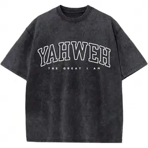 Vintage Washed Black Oversized Christian T-Shirt Yahweh The Great I Am Graphic Tee Retro Varsity Letter Print Streetwear Faith Top