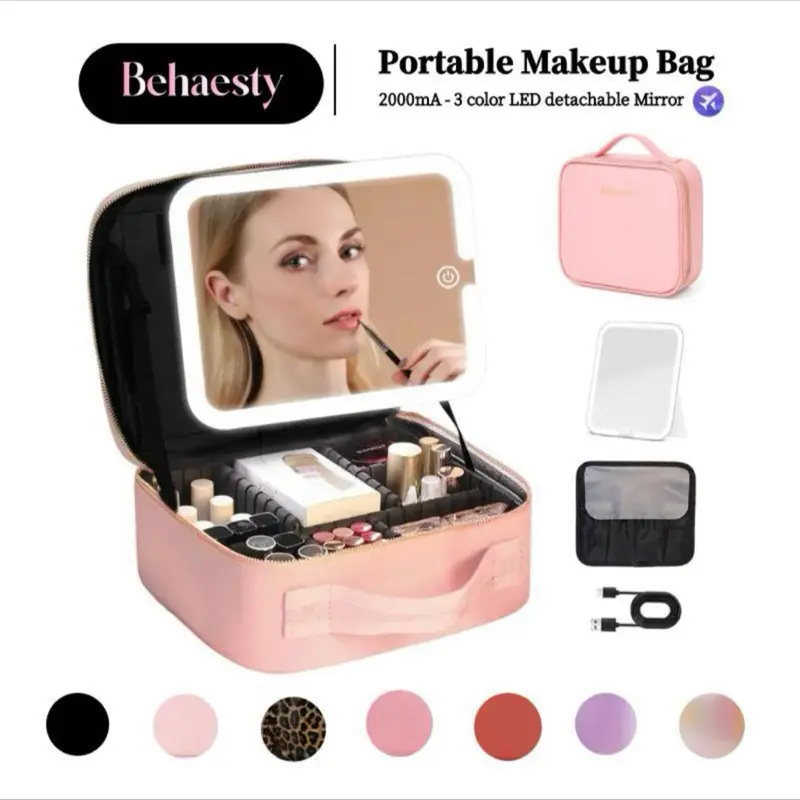 Behaesty Portable Makeup Bag with 3-Color LED Light Detachable Mirror 2000mAh USB Rechargeable Waterproof PU Leather Organizer Compact Travel Cosmetic Pouch Vanity Purse Zip TikTokShopBlackFriday