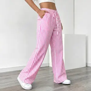 Women’s summer striped long pants with a loose straight cut and wide legs—breathable and comfortable, suitable for office, travel, and everyday stylish outfits.