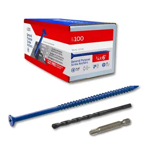 1/4 x 6 Countersunk Phillips Flat  Blue Concrete Screw Anchors with   and Drill Bit for Concrete, Masonry, Block, Brick and  Fastening (100 Screws per Box)
