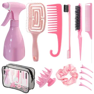 Hair Brush Set, 13PCS Hair Brushes and Hair Combs for Women, Vented Deangler Brush Slick Back Brush Wide Tooth Comb Spray Bottles Hair Styling Tools (PINK)