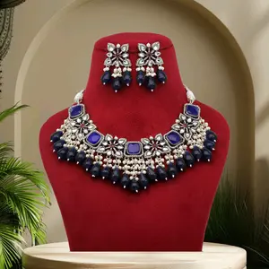 Elegant AD Polki Kundan Stones and Imitation Pearls Necklace and Earrings Set