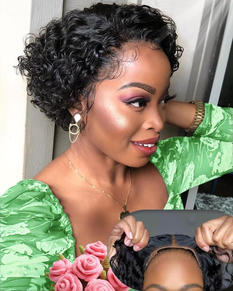 Karlami Curly Pixie Cut Wig Human Hair 4X4 Glueless Wigs HD Lace Short Curly Wigs Wear and Go Glueless Wigs Pre Plucked Pre Cut Short Curly Glueless Wigs Human Hair for Women woman glueless black woman