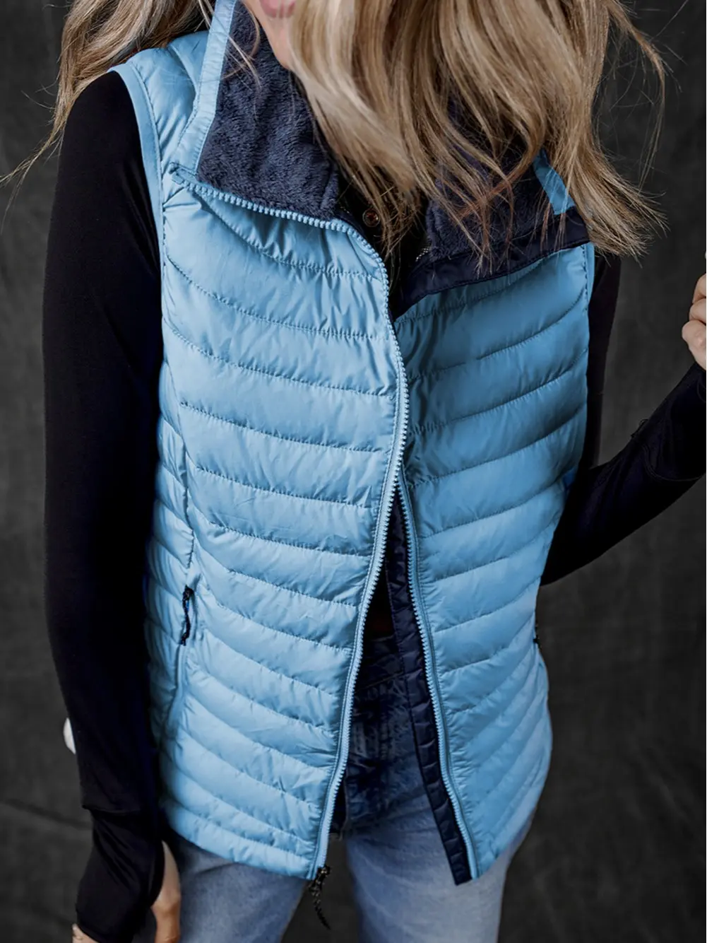 Sky Blue Plush Collared Quilted Zipped Puffer Vest puffer vest jacket woman Women's Lightweight zipper vest puffer  jacket