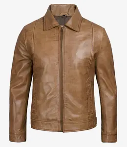 Men’s Brown Genuine Leather Jacket Classic Zip-Up Slim Fit Casual Biker Style Coat