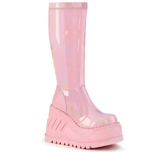 Demonia Stomp-200 Baby Pink Hologram Stretch Patent Ankle Boots
