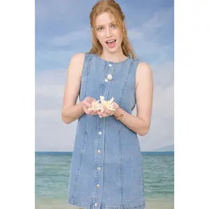 Women's Minimalist Basic Casual Polyester Round Neck Sleeveless Button-Up Denim Mini Dress Summer Plain Pattern Womenswear