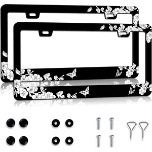 Black White Cherry Blossom License Plate Frames 2 Pack Hibiscus Flower License Plate Holder for Women Men  Decor Accessories Stainless Steel Plate Cover