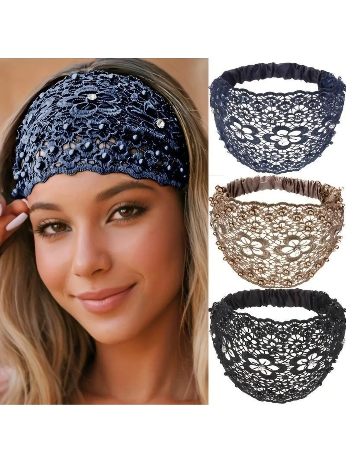 Women Bohemian Crystal Pearl Wide Hairbands Set, Floral Hairband, Elegant Design for Weddings, Vacations & Daily Wear, Perfect Hair Accessories