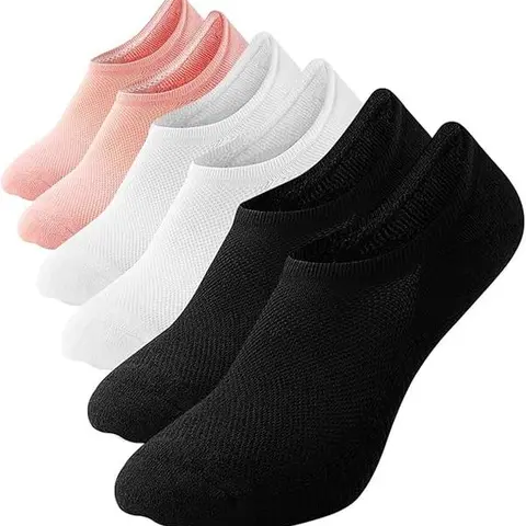 WANDER Women's 6-Pair No Show Athletic Socks, Combed Cotton-Elastic Spandex Cushioned Liners, Odor-Free Mesh, Non-Slip Heel, Breathable Concave Stripes, 2Black+2White+2Pink Everyday Low Cut Sports Socks