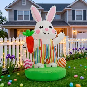 75 Inch Easter Bunny Inflatable Decoration with LED Lights, Rainbow Overalls and Giant Carrot Design for Outdoor Parties and Egg Hunts, Party Lighting Decoration