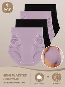 Women's High Waist Elegant Fitted Underwear Set, 4-Piece Lace Floral Print Panties, Slimming Waist Support, Breathable Inner Wear