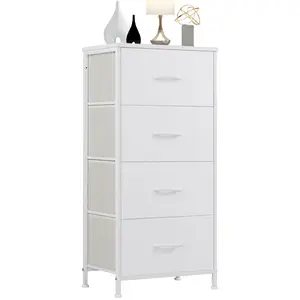 Nightstand, Bedside Table with 4 Drawers – Modern Minimalist Bedroom End Table, Small Storage Cabinet for Living Room, Compact Night Stand, White, 37.4 Inches