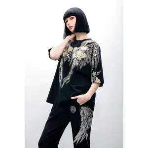 TCH - Black Short Sleeve Angel Wing Hot Diamond Design Unisex