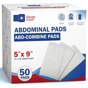Sterile Abdominal ABD Combine Pads 50-Pack 5 x 9 Inches Extra Absorbent & Thick Individually Wrapped Wound Dressing First Aid Pads Surgical-Grade Nonstick for Heavy Leakage Post Op