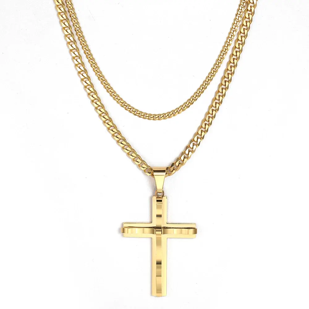 2Pcs Cross Pendant Necklace for Men Women with Stainless Steel Curb Cuban Link Chain Punk Fashion Jewelry