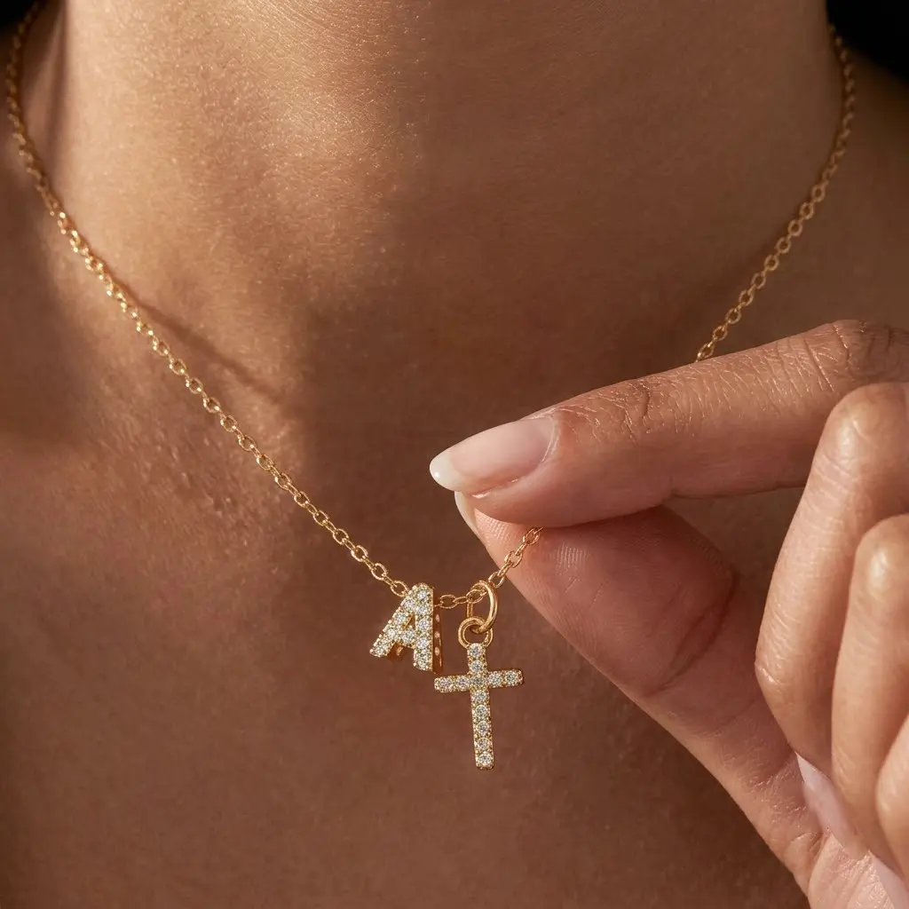 14K Initial Cross Necklace, Letter Dainty Necklaces for Women, Faith Religious Necklaces Baptism Christian Gifts