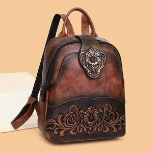 2026 New Vintage Backpack, Hand-Carved Commuter Backpack, Chinese-Style Embossed Large-Capacity Travel Backpack, Minimalist PU Backpack.
