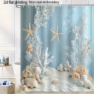 Ocean Themed Bathroom Curtain Light Blue Coral Starfish Shell Bubble Beach Design, Machine Washable, with Eyelets for Easy Hanging, Beach Style Decoration, Long-lasting Decoration, Home Decoration 60x72in, 66x72in, 72x72in