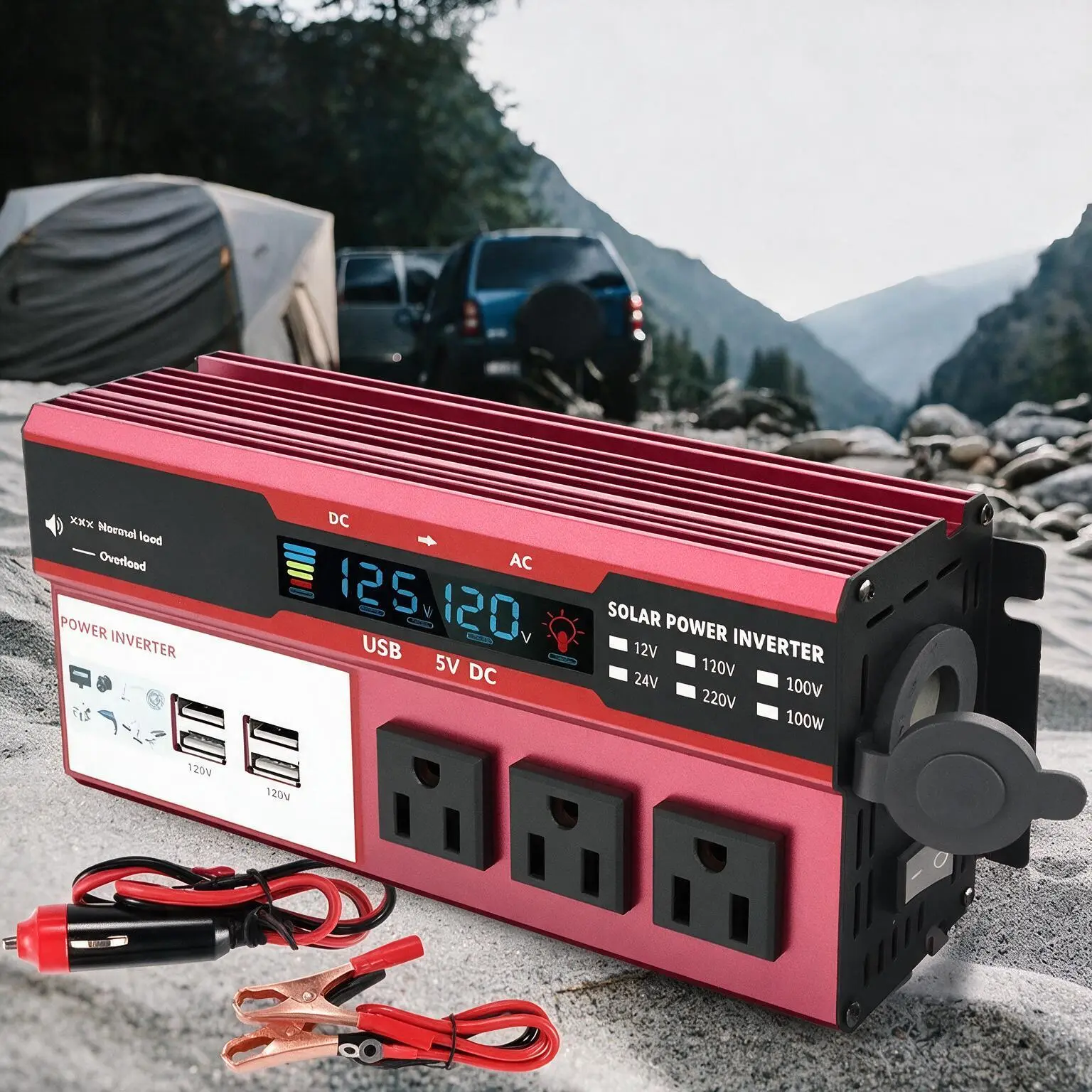 Portable 1000W Power Inverter, DC 12V to AC 120V Car Converter with LCD Screen, 3 US Sockets + 4 USB Charging Ports, Cigarette Lighter & Battery Clamps for Vehicle & Home Emergency
