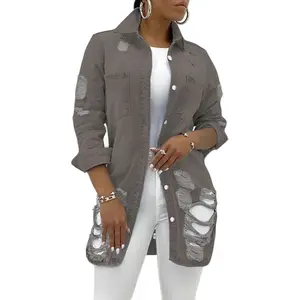 Jean Jacket Long Sleeve Classic Distressed Fray Hem Tassels Denim Trucker Jackets