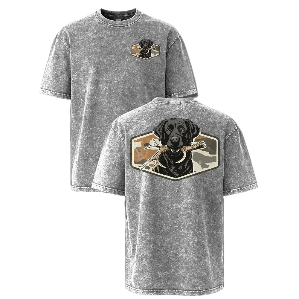 Black Lab Antler Camo Graphic Tee – Vintage Mineral Washed Oversized Hunting T-Shirt, Southern Country Streetwear