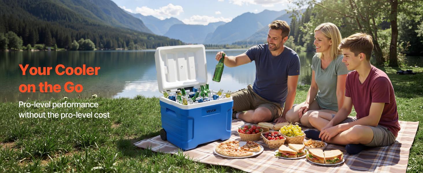 VEVOR 45QT Portable Rolling Hard Cooler with Wheels, Leak-Resistant Heat Insulating Coolbox, 48-Hour Ice Retention, Lightweight Durable Coolers & Cool Bags, Heavy Duty Protection for Campfire-BBQ Party, Food & Beverage#BackToSchool
