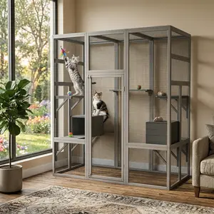 ﻿ [Bellemave] 62.6"  Gray Outdoor Wooden Cat House Large Catio, Solid Wood Cat Cage Shelter Enclosure Playpen with Multiple Platforms and 2 Resting Boxes