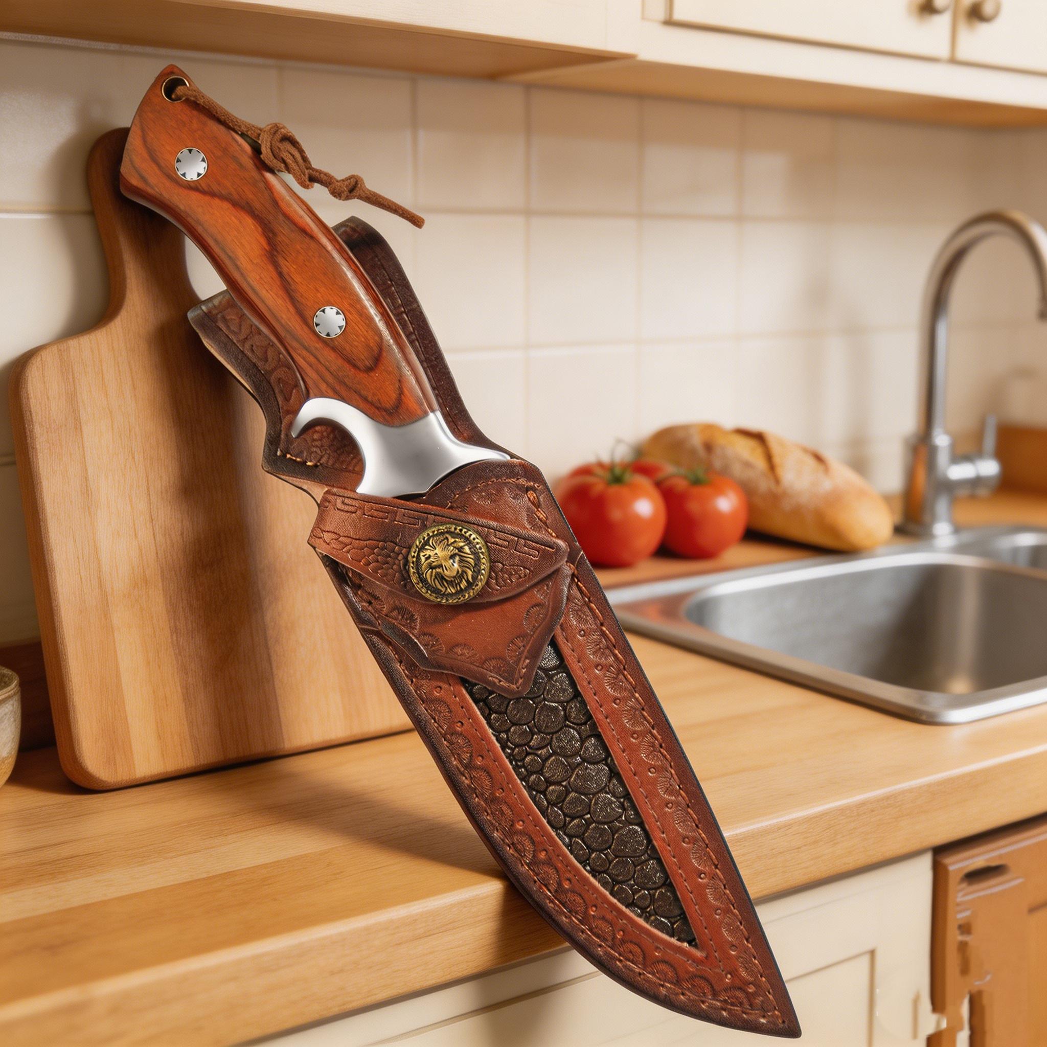 Premium Fruit Paring Knife with Genuine Leather Sheath, Stainless Steel Blade, Wood Handle for Kitchen & Outdoor