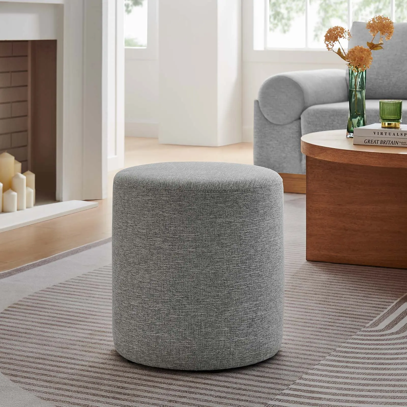 Modway Callum 16" Round Woven Heathered Fabric Upholstered Ottoman in Heathered Weave Light Gray