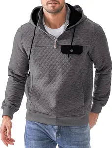 Men's Quilted Hoodies Casual Long Sleeve Quarter-Zip Pullover Sweatshirt with Pockets