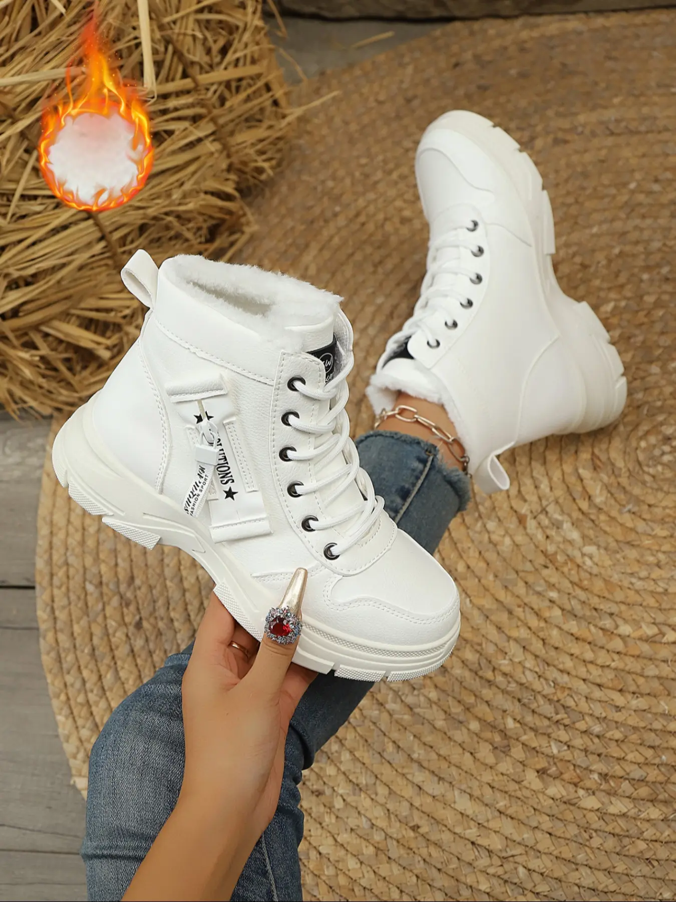 New Thick Sole Warm Boot for Women, High Top Lined with Fleece, Lace-Up Star Decoration, Versatile Street Style, Fall & Winter Shoes, Footwear