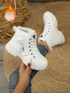 New Thick Sole Warm Boots for Women, Fleece Lined High Top Lace-Up Star Decorative Versatile Style, Fall & Winter Footwear, Winter Warm Shoes