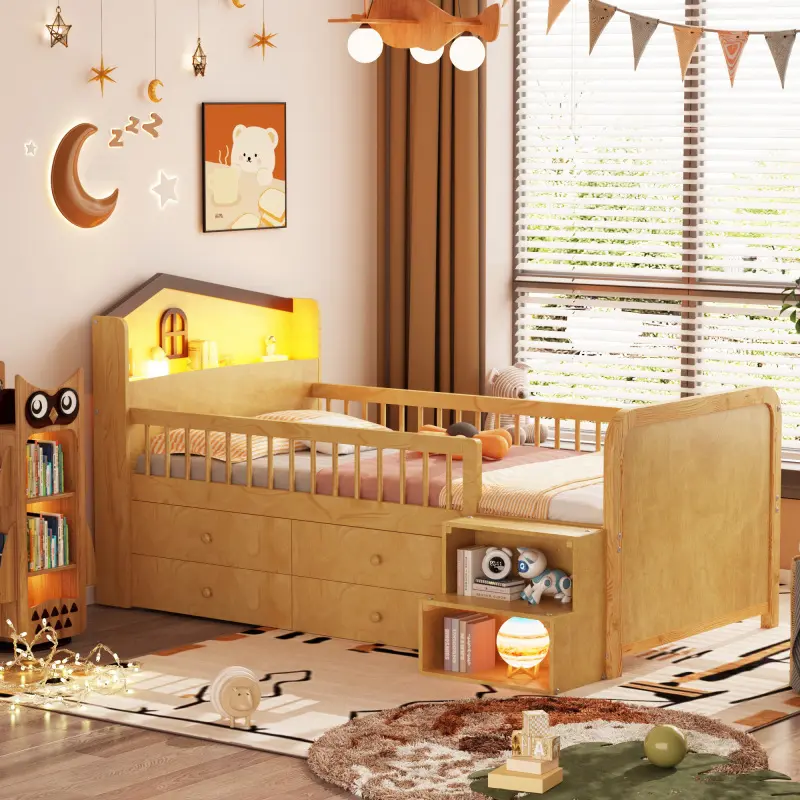 Twin Captains Bed with Storage Drawers, Low Loft Bed with LED Lights, Wooden Twin Loft Bed with House Shape Headboard, No Box Spring Needed, For Bedroom