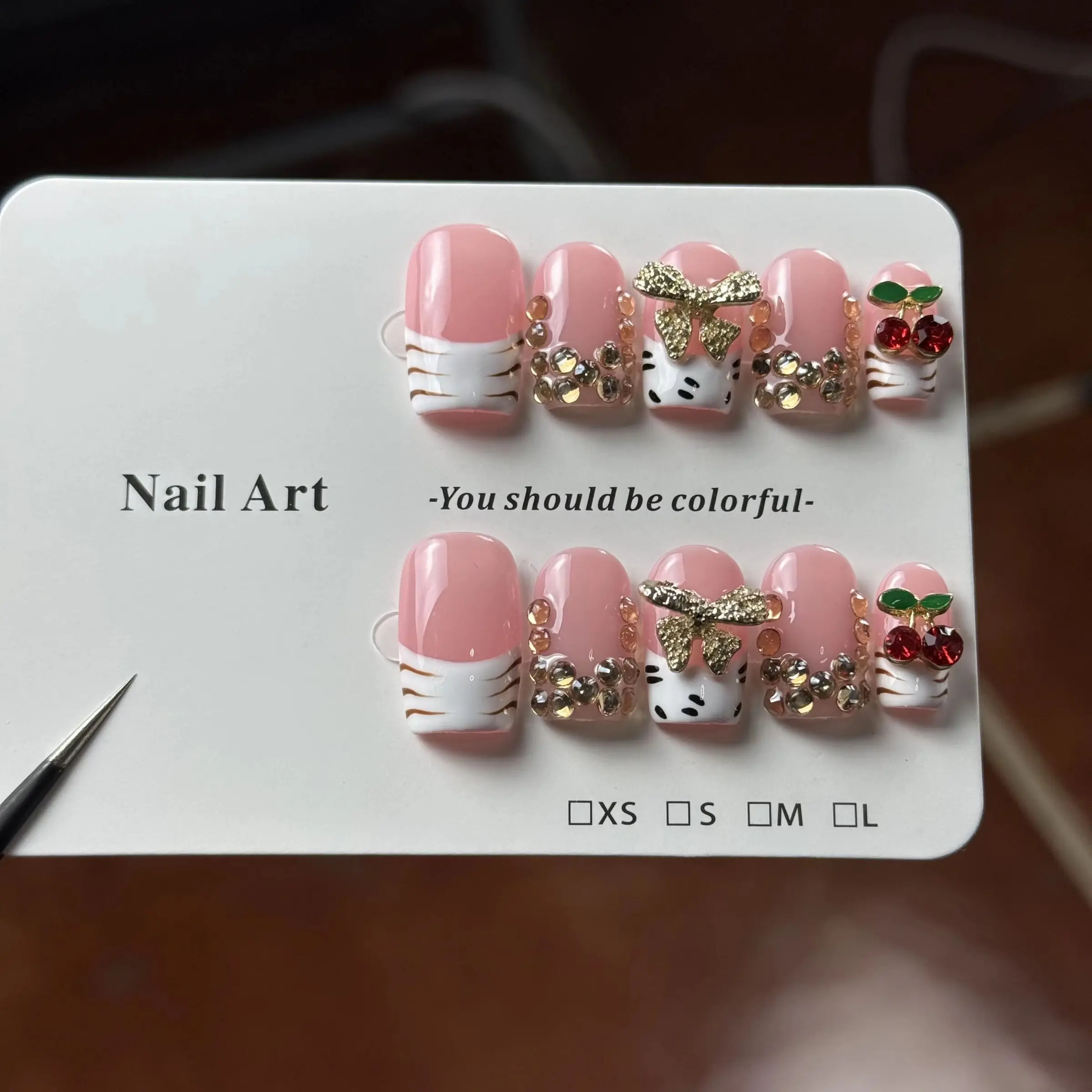 10pcs high-end Hand-painted zebra stripes, three-dimensional bows, cherries, and sparkling pile diamonds Handmade Press On fake nails Nail Charms Nail Art Products