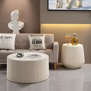 [Fahuac] Off-White Fluted Drum Coffee Table, 29.53" Round Magnesium Oxide Center Table, Modern Minimalist Drum Side Table for Living Room Bedroom Balcony, No Assembly