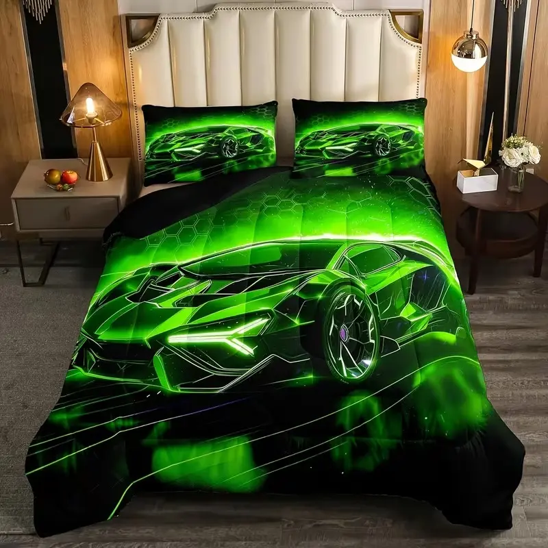 3-Piece Super Racing Car Print Duvet Cover Set, 1 Fitted Sheet + 2 Pillowcases, Digital Print, All-Season Theme Bedding Set, Modern Bedding Set