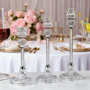 European Style Clear Crystal Diamond Candle Holder Set, Vintage Candle Stand, Wedding Party Table Decor for Romantic Dinner, Valentines Day & Christmas Centerpiece